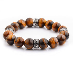 Natural Stone and Steel Bead Stretch Bracelet (12mm): Onyx