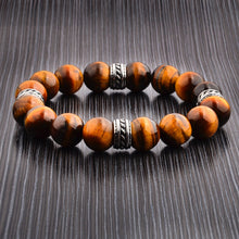 Load image into Gallery viewer, Natural Stone and Steel Bead Stretch Bracelet (12mm): Tiger&#39;s Eye