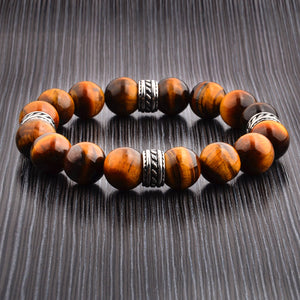 Natural Stone and Steel Bead Stretch Bracelet (12mm): Tiger's Eye