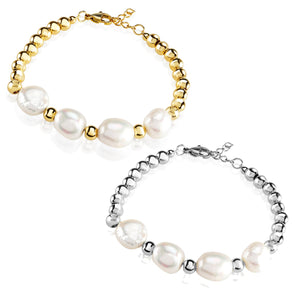 Polished Freshwater Pearl Stainless Steel Bead Bracelet: Gold