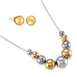 Two Tone Stainless Steel Bead Necklace and Earring Set
