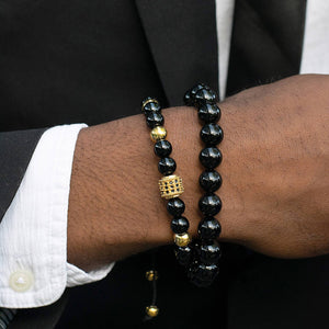 Crucible Men's Stainless Steel Cz Adjustable Bracelet: Black Onyx/Gold