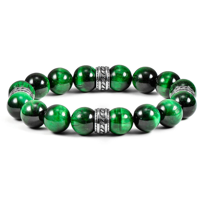 Natural Stone and Stainless Steel Stretch Bracelet (12mm): Green Tiger Eye