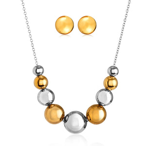 Two Tone Stainless Steel Bead Necklace and Earring Set