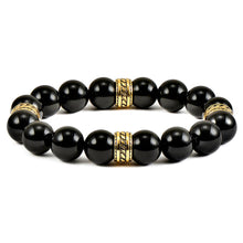 Load image into Gallery viewer, Gold Plated Steel and Natural Stone Stretch Bracelet (12mm): Onyx