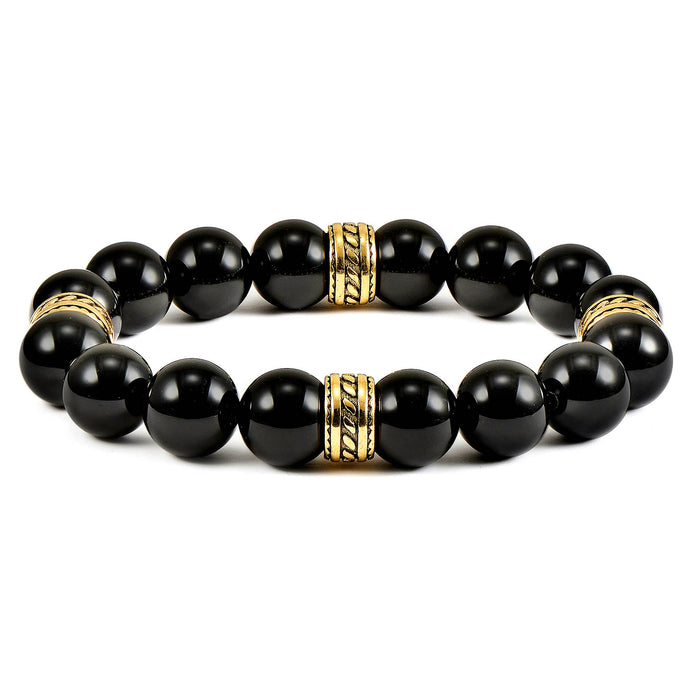 Gold Plated Steel and Natural Stone Stretch Bracelet (12mm): Onyx