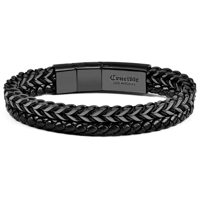 Crucible Stainless Steel Franco Chain and Leather Bracelet: Black
