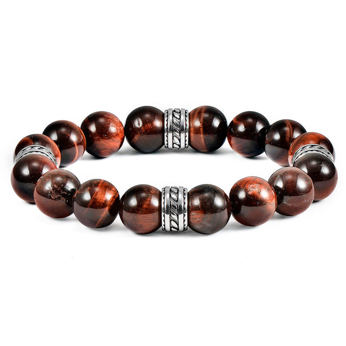 Natural Stone and Stainless Steel Stretch Bracelet (12mm): Red Tiger Eye
