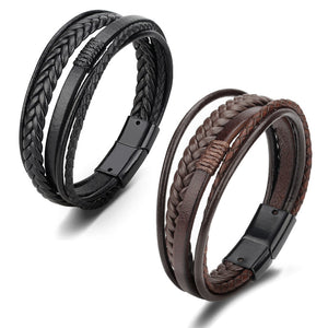 Trendy  Leather Bracelets Men Stainless Steel Multilayer Braided Rope Bracelets